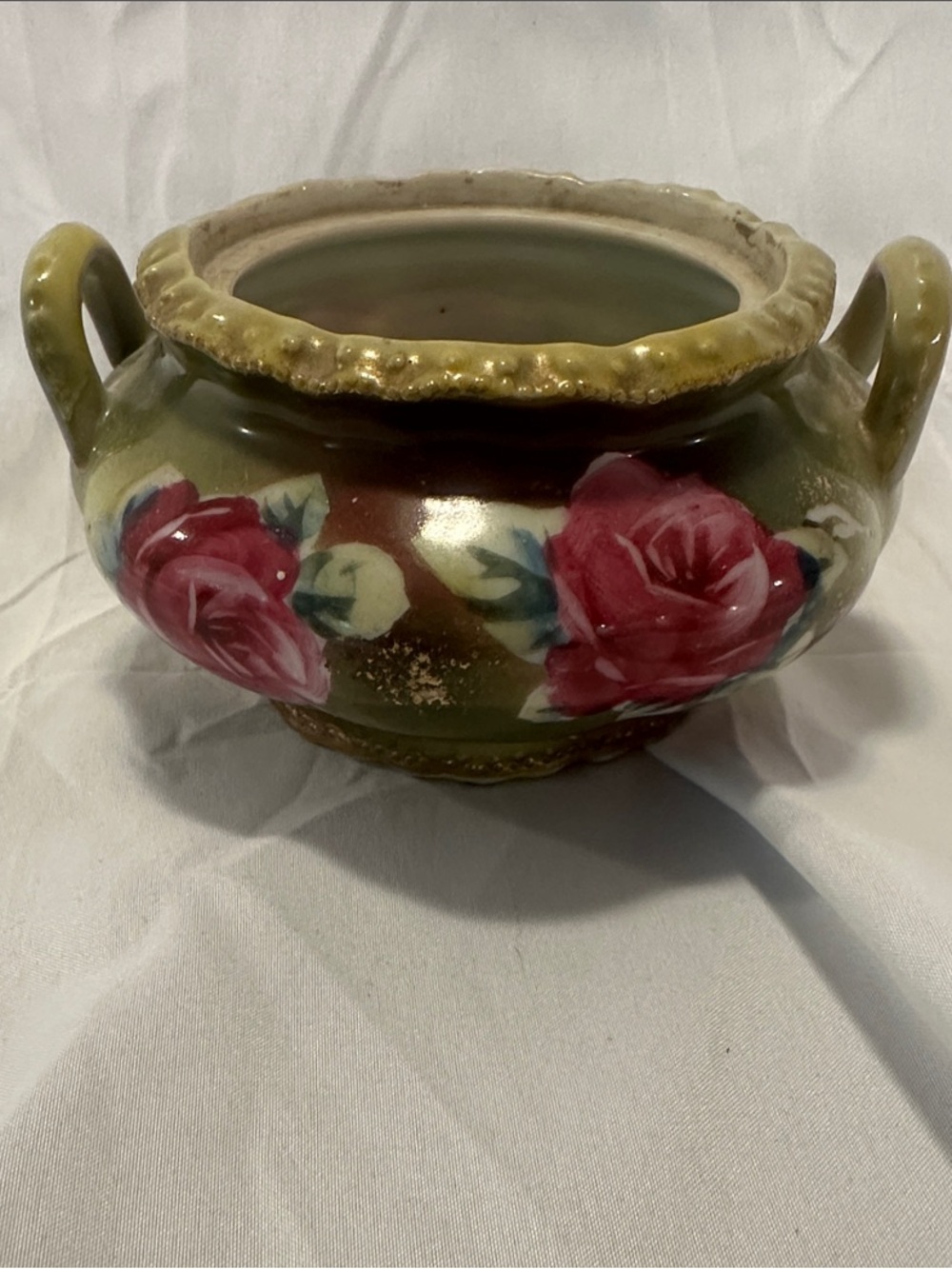 Hand-Painted Rose Ceramic Planter - Green and Red